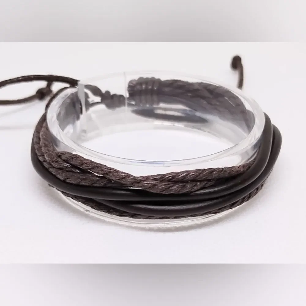 Men's bracelet leather layered braided brown new e32‎